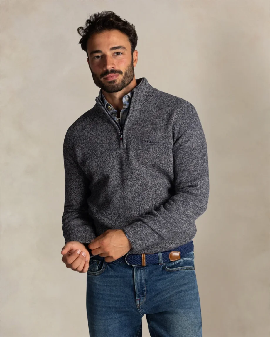 Trui half zip wol blend navy blue