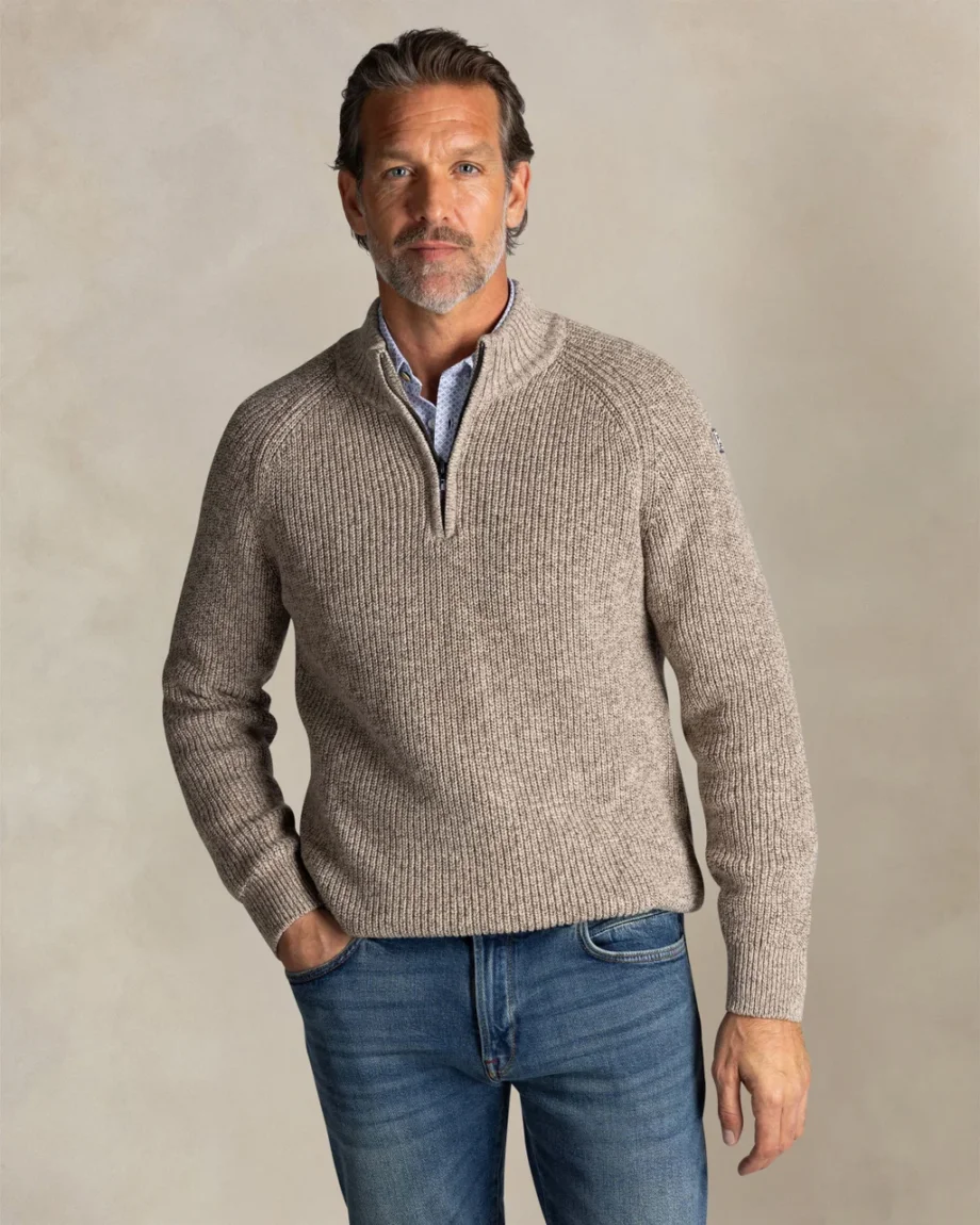 Trui half zip grof warm beige